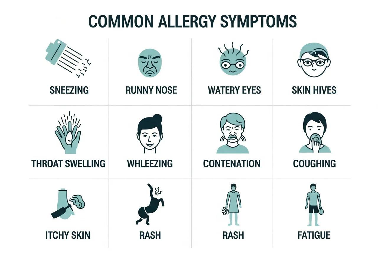Infographic showing 12 common allergy symptoms including sneezing, watery eyes, hives, wheezing, and throat swelling — with icons and clinical labels