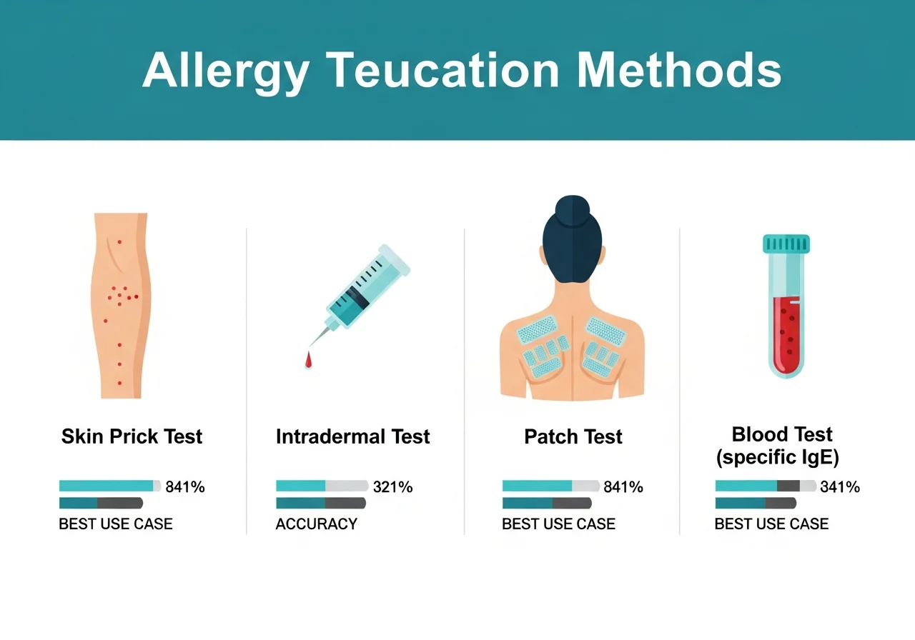 Diagram comparing four allergy testing methods: skin prick test, intradermal test, patch test, and blood specific IgE test — with accuracy ratings and best-use cases