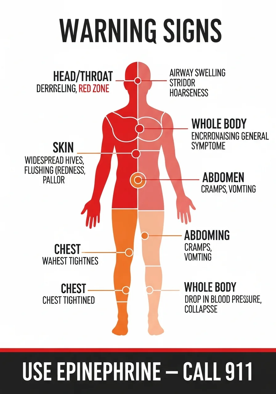 Body diagram illustrating anaphylaxis warning signs by organ system: throat swelling and stridor, wheezing and chest tightness, widespread hives, abdominal cramps, and cardiovascular collapse — with epinephrine and 911 call-to-action