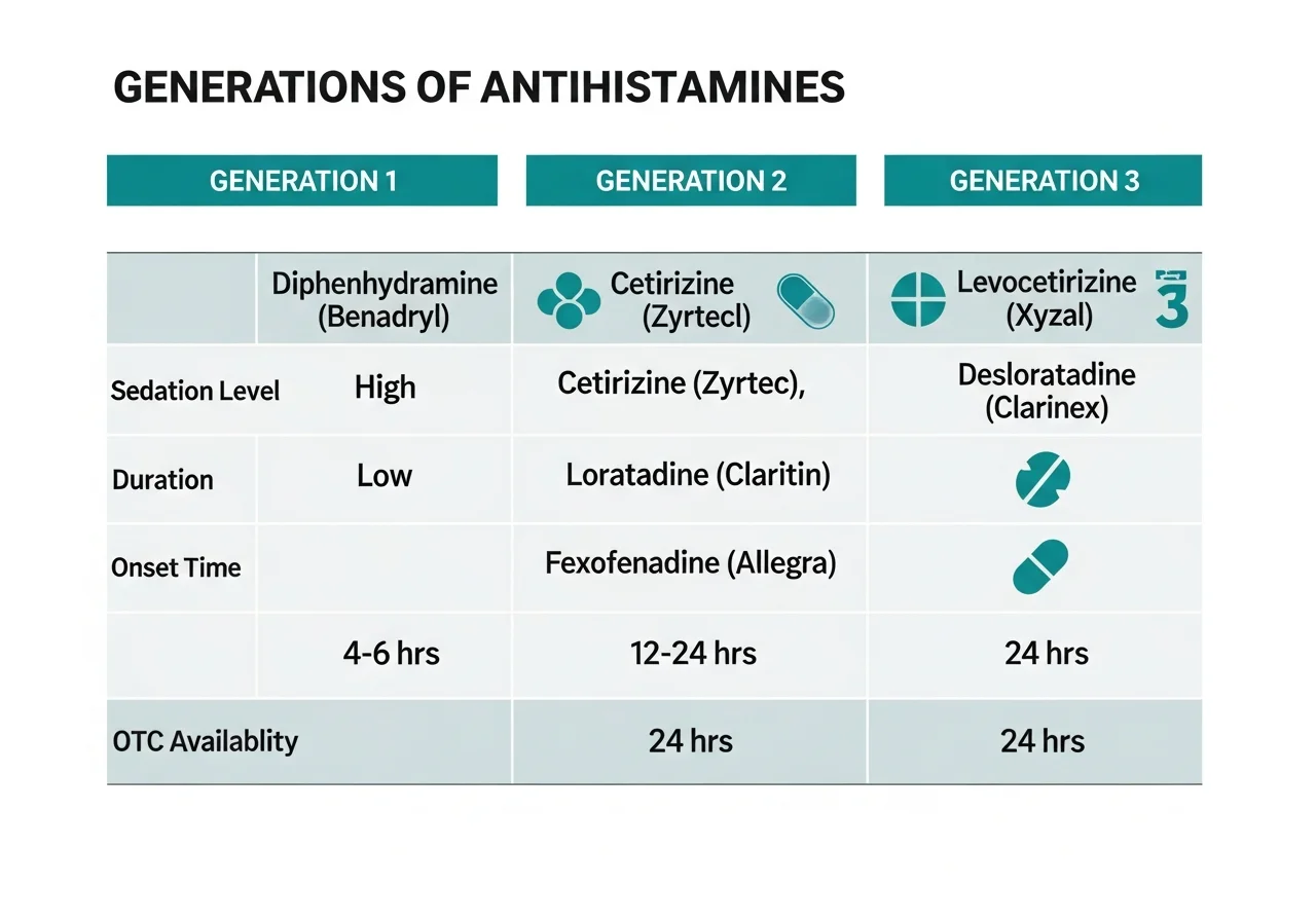 Side-by-side comparison chart of three antihistamine generations showing sedation level, onset time, duration, and clinical best-use — including diphenhydramine, cetirizine, loratadine, and fexofenadine