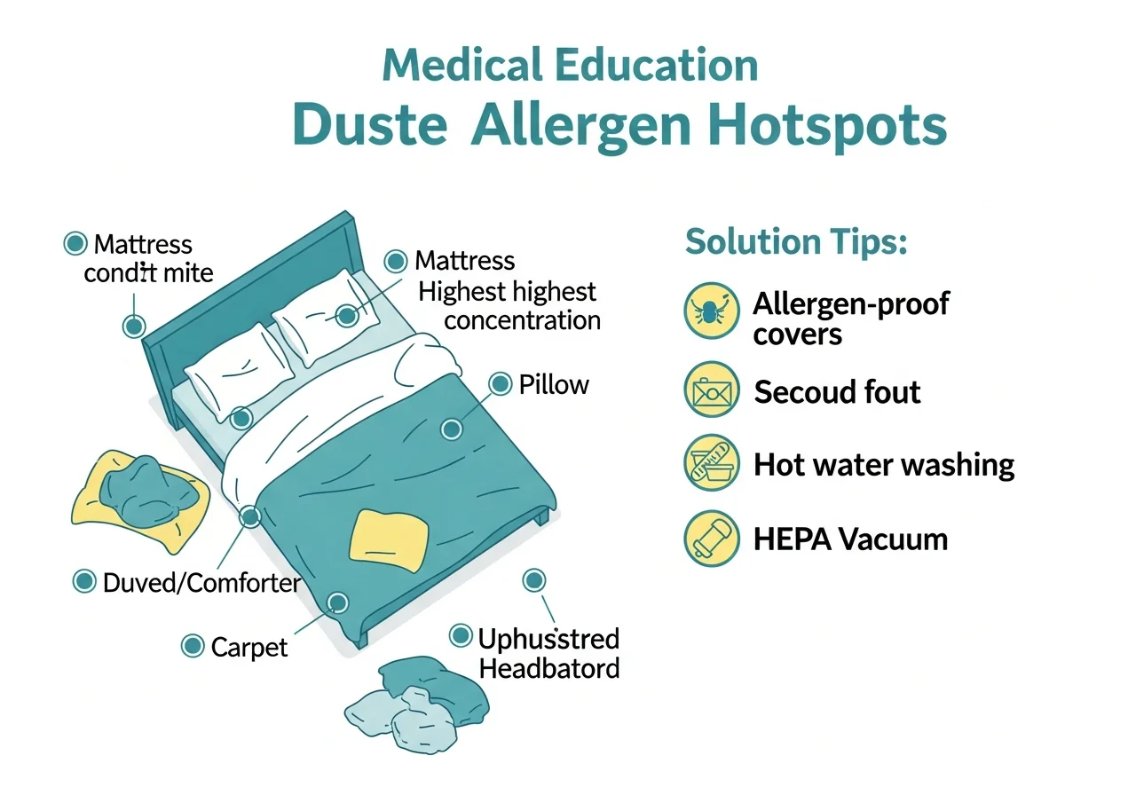 Bedroom diagram showing dust mite allergen hotspots with labeled call-out circles: mattress (highest mite concentration), pillow, duvet, carpet, stuffed animals, and upholstered headboard — with allergen-reduction tips sidebar