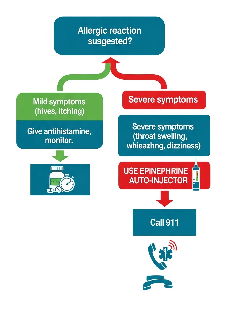 Decision flowchart for food allergy reactions: mild symptoms (hives, itching) lead to antihistamine and monitoring; severe symptoms (throat swelling, wheezing, dizziness) lead to immediate epinephrine use and calling 911