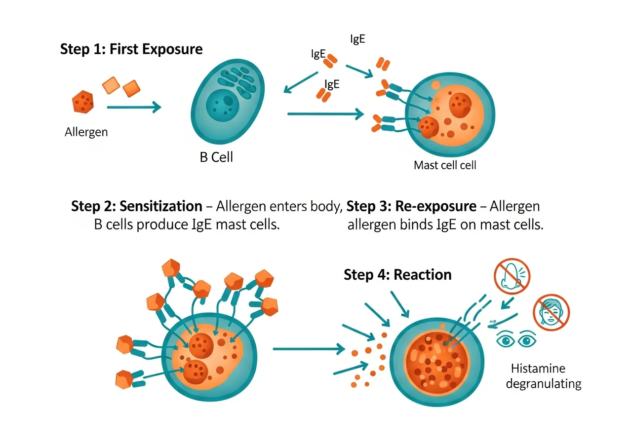 Four-step diagram of the IgE-mediated immune system allergy response: first allergen exposure triggers IgE antibody production, sensitization attaches IgE to mast cells, re-exposure binds allergen to IgE, and mast cell degranulation releases histamine causing allergy symptoms