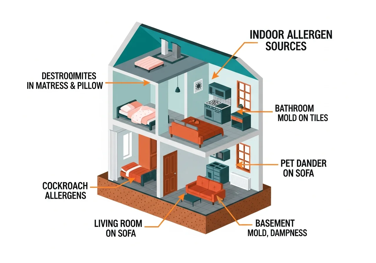 Home cross-section diagram labeling indoor allergen sources by room: dust mites in bedroom mattress and pillows, mold in bathroom, cockroach allergens in kitchen, pet dander on living room furniture, and HVAC system distributing airborne allergens