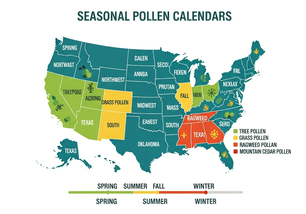 US map showing seasonal pollen zones: spring tree pollen in Northeast and Northwest, summer grass pollen across Midwest and South, fall ragweed pollen in Central and Eastern US, and winter mountain cedar in Texas and Oklahoma — with horizontal season timeline