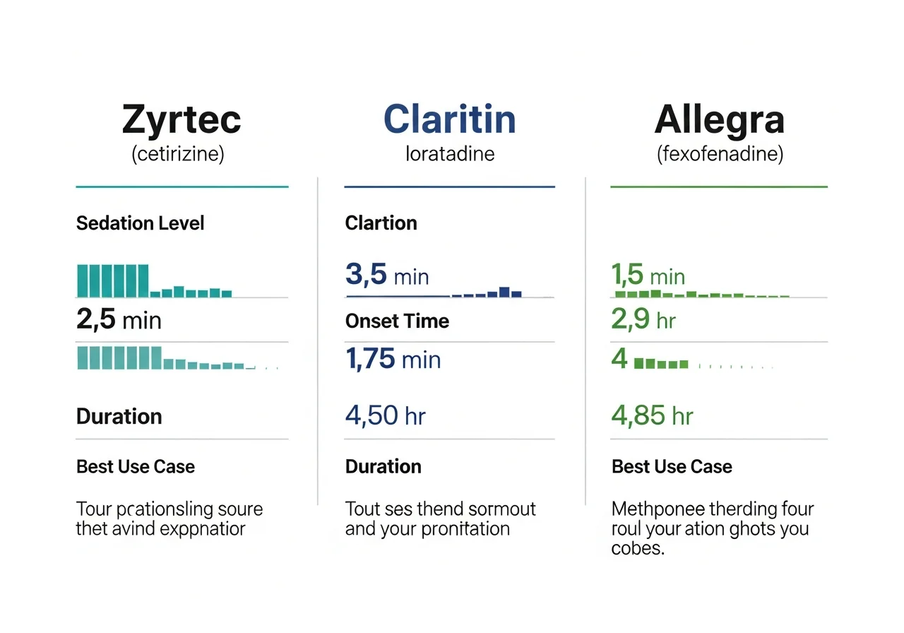 Three-column comparison chart of Zyrtec (cetirizine), Claritin (loratadine), and Allegra (fexofenadine) showing sedation level, onset time, duration, and best use case for each antihistamine