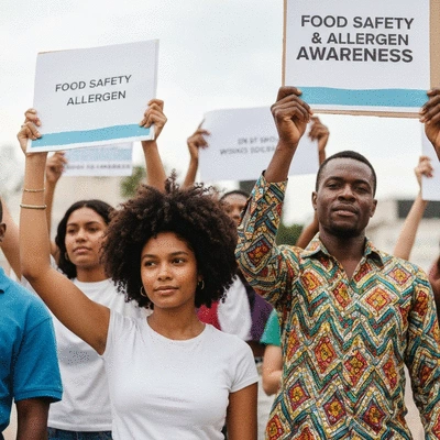 Hands holding placards with food safety and allergen awareness slogans at a rally