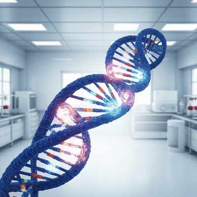 Scientific imagery of DNA double helix with glowing treatment icons, representing personalized medicine, clean lab environment