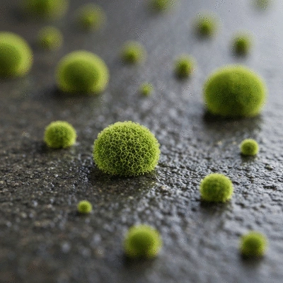 Close-up of mold spores growing on a damp surface, representing humid conditions