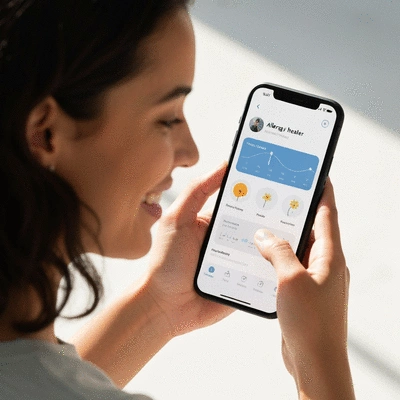 Person using a health app on a smartphone to track allergy symptoms and pollen levels