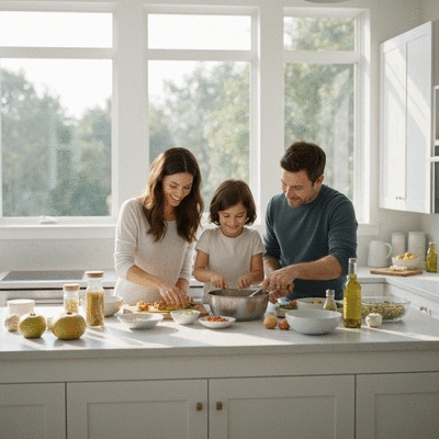 Family cooking together in modern kitchen, focusing on allergen-free ingredients