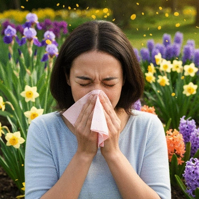 Person sneezing into a tissue with blurred background of blooming plants, illustrating seasonal allergies exacerbated by climate change