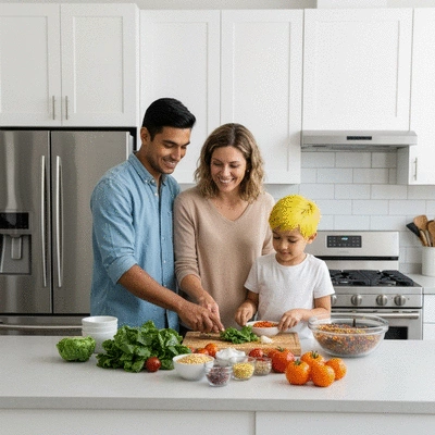 Family preparing an allergen-free meal together in a modern kitchen
