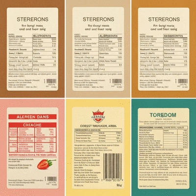 Close-up of various food labels showing allergen warnings