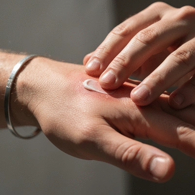 Hand applying a natural cream to irritated skin, symbolizing natural remedies for skin allergies