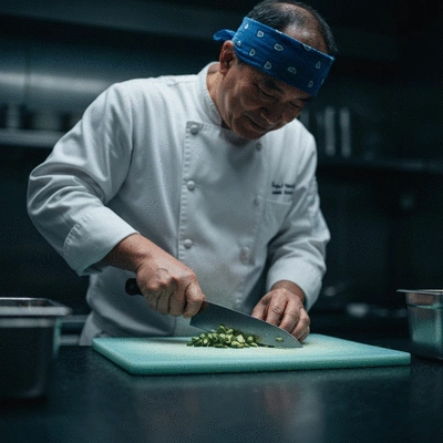 Chef preparing food on a clean cutting board with separate utensils, emphasizing allergen prevention
