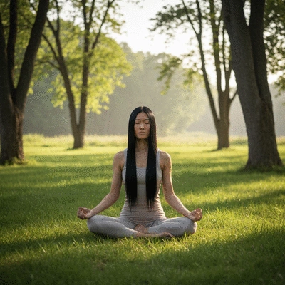 Person meditating peacefully in a natural setting, representing stress reduction for skin health