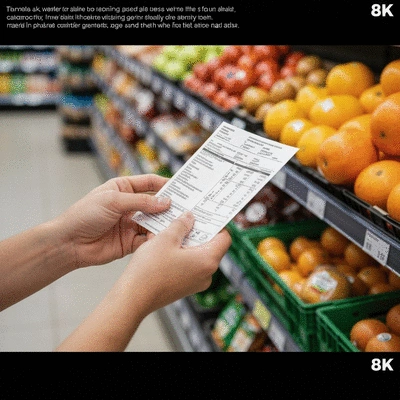 Person's hands carefully reading a food label in a grocery store aisle