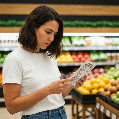 Person carefully reading a food label in a grocery store, focus on ingredients list