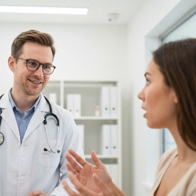 Doctor and patient discussing urticaria treatment options in a clinic setting