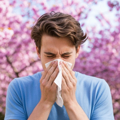 Person sneezing into a tissue with blurred background of blooming flowers, representing seasonal allergy symptoms
