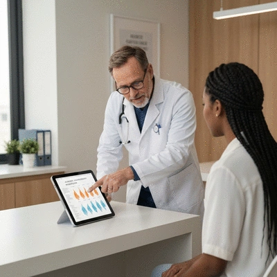 A healthcare professional discussing an allergy management plan with a patient, showing a tablet with a personalized chart, in a modern clinic.