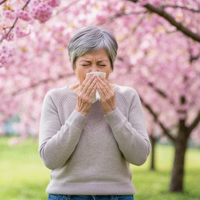 Person sneezing into a tissue with blurred background of blooming trees, illustrating seasonal allergies