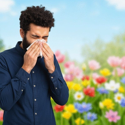 Person sneezing into a tissue with blurred spring background