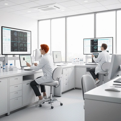 Modern laboratory setting with medical professionals analyzing allergy test results on screens, sterile environment, no text, no words, no typography, 8K