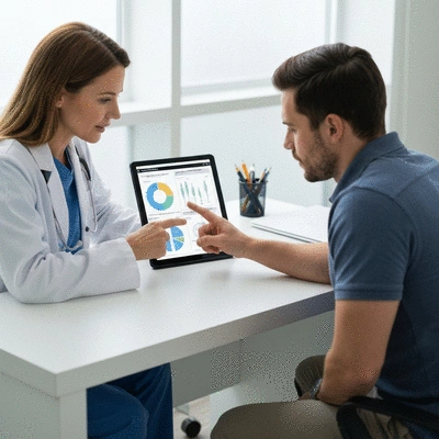 Doctor and patient discussing allergy test results with charts and diagrams on a tablet