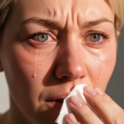 Person experiencing itchy eyes due to allergies, holding a tissue, with blurred outdoor background. No text, no words, no typography, 8K.