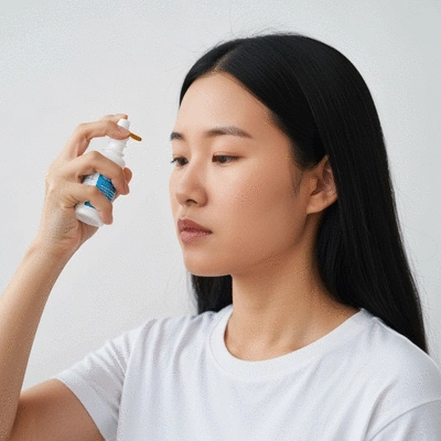 Person using a nasal spray for allergy relief, clean background