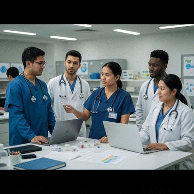 Diverse group of medical professionals and researchers collaborating on food allergy research in a modern, well-lit office, no text, no words, no typography, 8K