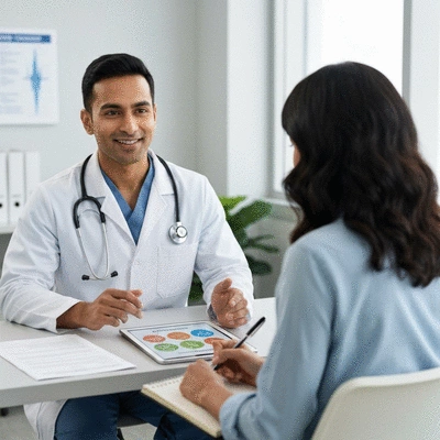Doctor and patient discussing allergy and asthma management in a modern clinic setting