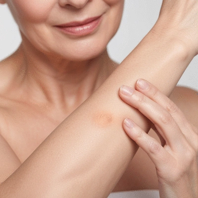Close-up of a person gently touching their arm, showing clear, healthy skin contrasting with a small, blurred area that might indicate a past skin irritation, emphasizing skin health and care, no text, no words, no typography, 8K
