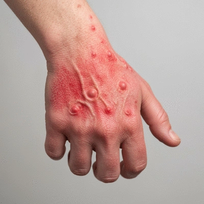 Close-up of a person's hand with red, itchy, inflamed skin, showing symptoms of contact dermatitis, on a neutral background