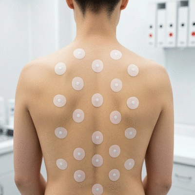 Person's back with small patches for allergy testing, showing patch testing procedure in a clinical setting