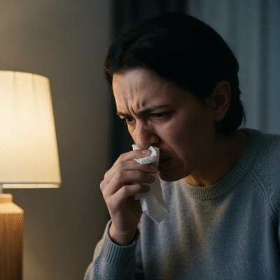 Person experiencing seasonal allergies and looking stressed or sad, with pollen in the air