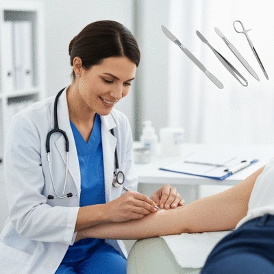 A dermatologist examining a patient's arm, focusing on a skin patch, with medical tools or notes visible in the background, emphasizing professional medical consultation, no text, no words, no typography, 8K