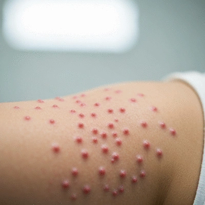 Close-up of a patient's arm undergoing a skin prick test with various allergens, showing small, raised wheals indicating reactions, in a clean, clinical setting.