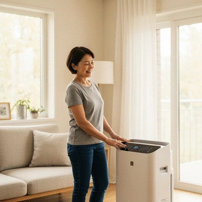 Person using an air purifier in a clean, modern living room