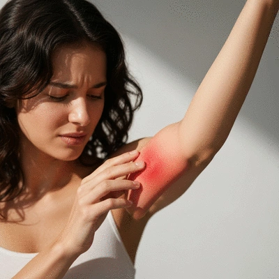 Person gently touching red, irritated skin on their arm, illustrating common skin allergy symptoms