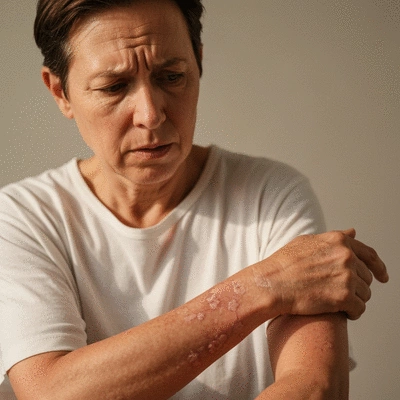 Person with atopic dermatitis looking at their arm, concerned expression, natural lighting