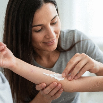 Parent gently applying cream to a child's arm with a mild skin rash, focus on care and comfort