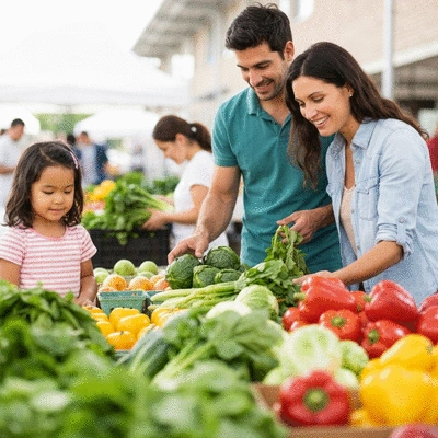 Family with young child reading food labels in a grocery store, emphasizing food allergy awareness