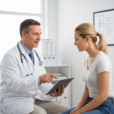 Doctor and patient discussing medication options on a tablet, with medical charts in the background. Professional, clean environment.