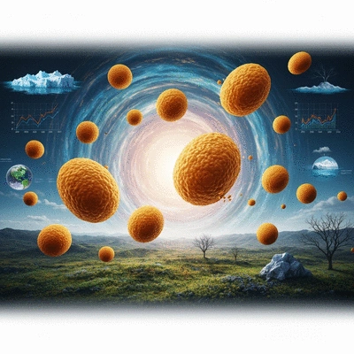 Abstract depiction of climate change affecting pollen, with graphs and environmental elements, no text, no words, no typography, 8K, clean image