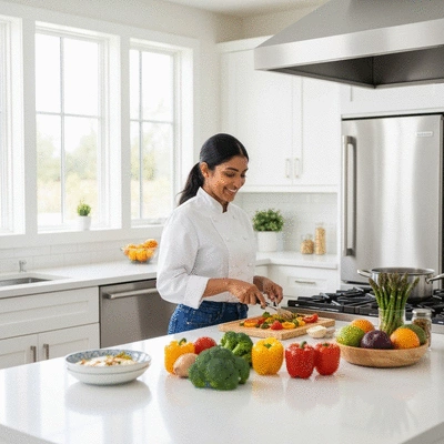 Person cooking in a clean kitchen, preparing allergy-friendly food, with various fresh ingredients