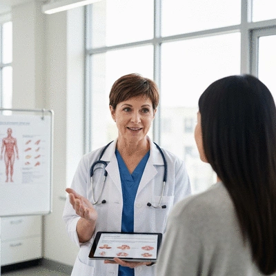Healthcare professional explaining food allergy treatment options to a patient in a modern clinic setting