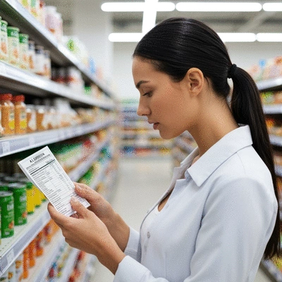 Person carefully reading a food label in a grocery store aisle, focusing on allergen information
